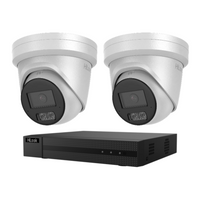 HiLook CCTV kit: 2 × T581H 8MP Hi-Color white-light imaging, all white, with one NVR104C 4-channel PoE recorder; no HDD