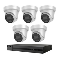 HiLook CCTV kit: 5 × T581H 8MP Hi-Color white-light imaging, all white, with one NVR108C 8-channel PoE recorder; no HDD