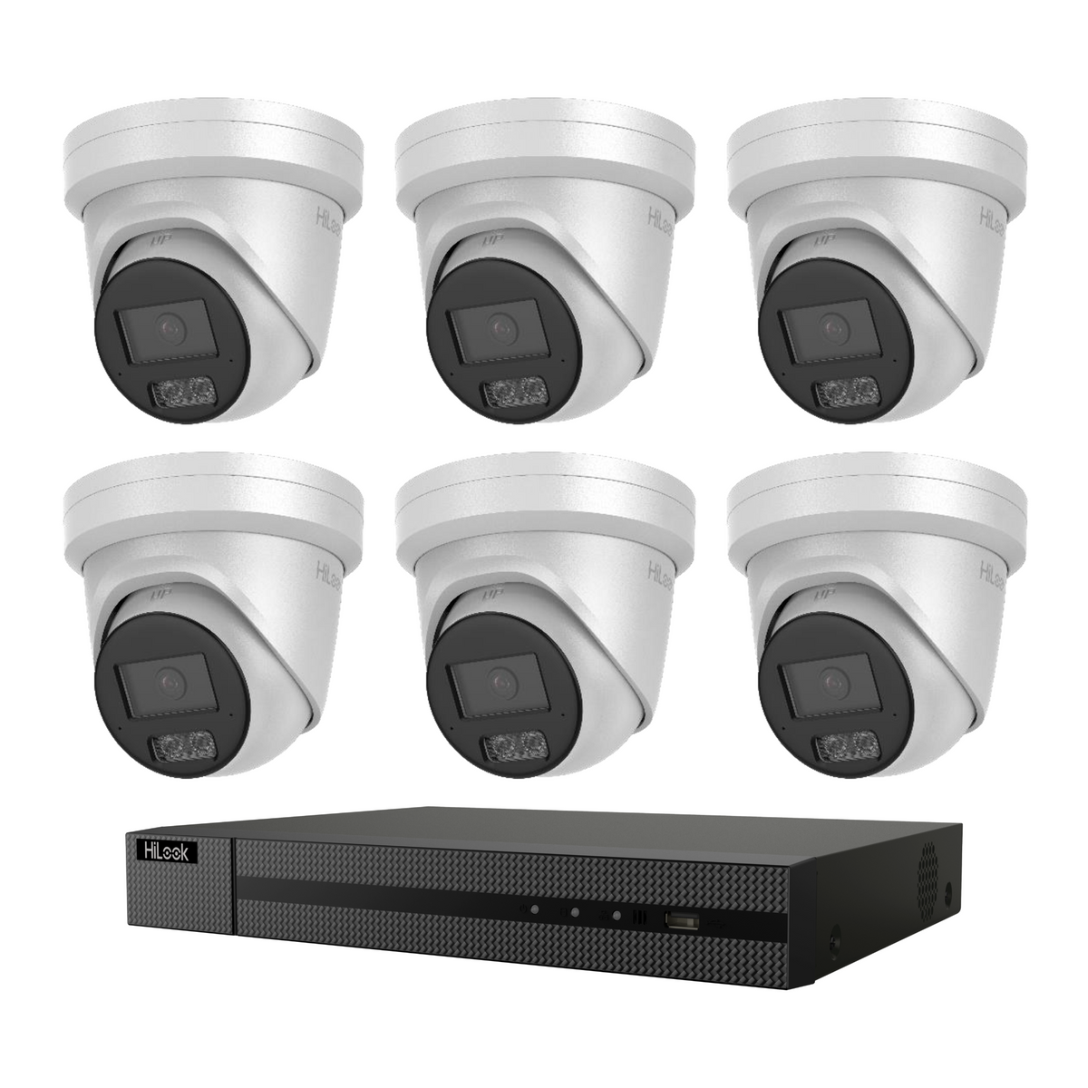 HiLook CCTV kit: 6 × T581H 8MP Hi-Color white-light imaging, all white, with one NVR108C 8-channel PoE recorder; no HDD
