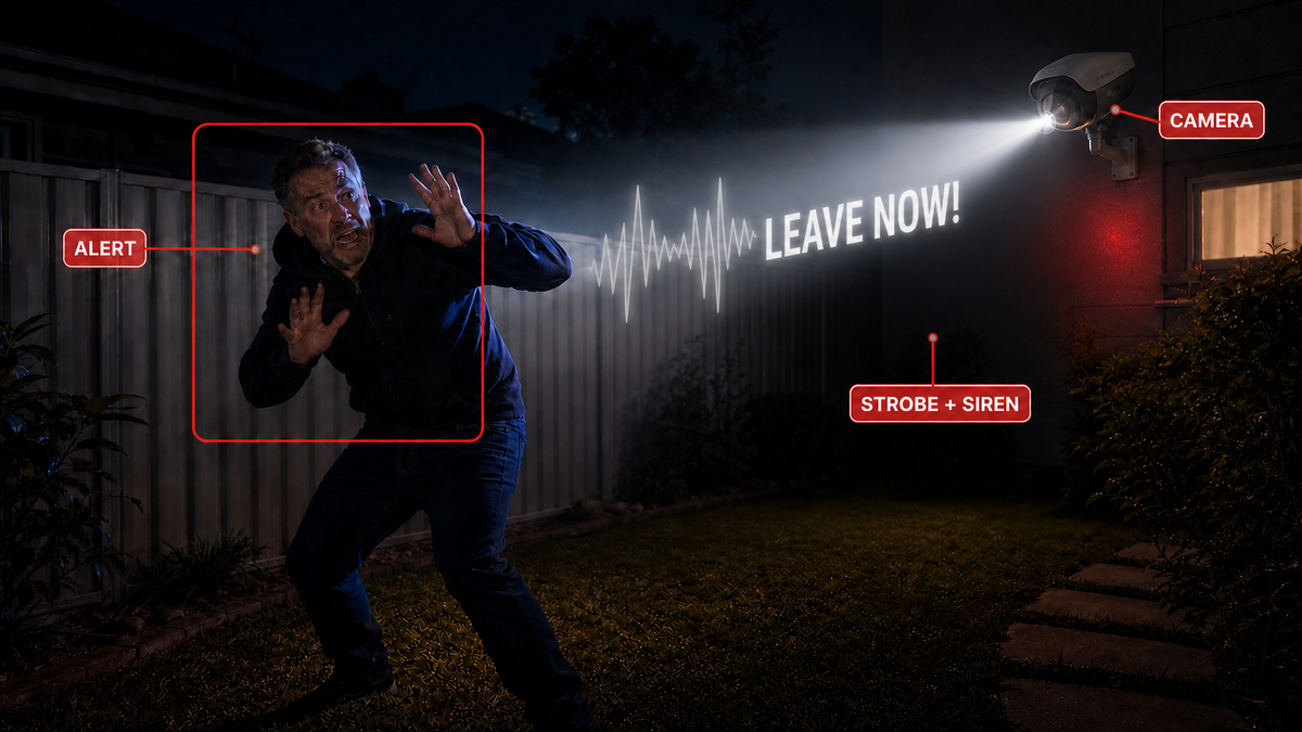 Strobe Light — On detecting activity, the camera can trigger a bright flashing strobe to make an intruder a...