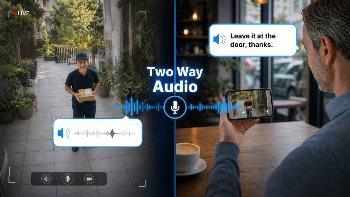 Two-Way Audio — Talk and listen in real time through the app — tell a courier where to leave a parcel, or s...