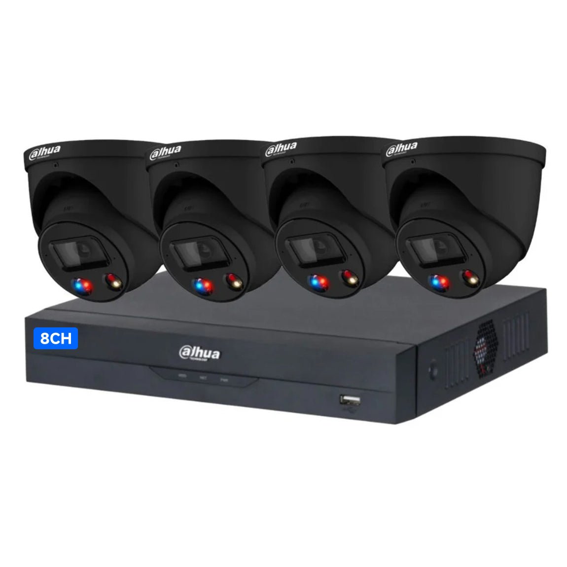 Dahua 4 x BLACK 8MP TIOC SMD4.0 DH-IPC-HDW3849H-AS-PV-ANZ Turret Kit with 8CH NVR + 4TB HDD