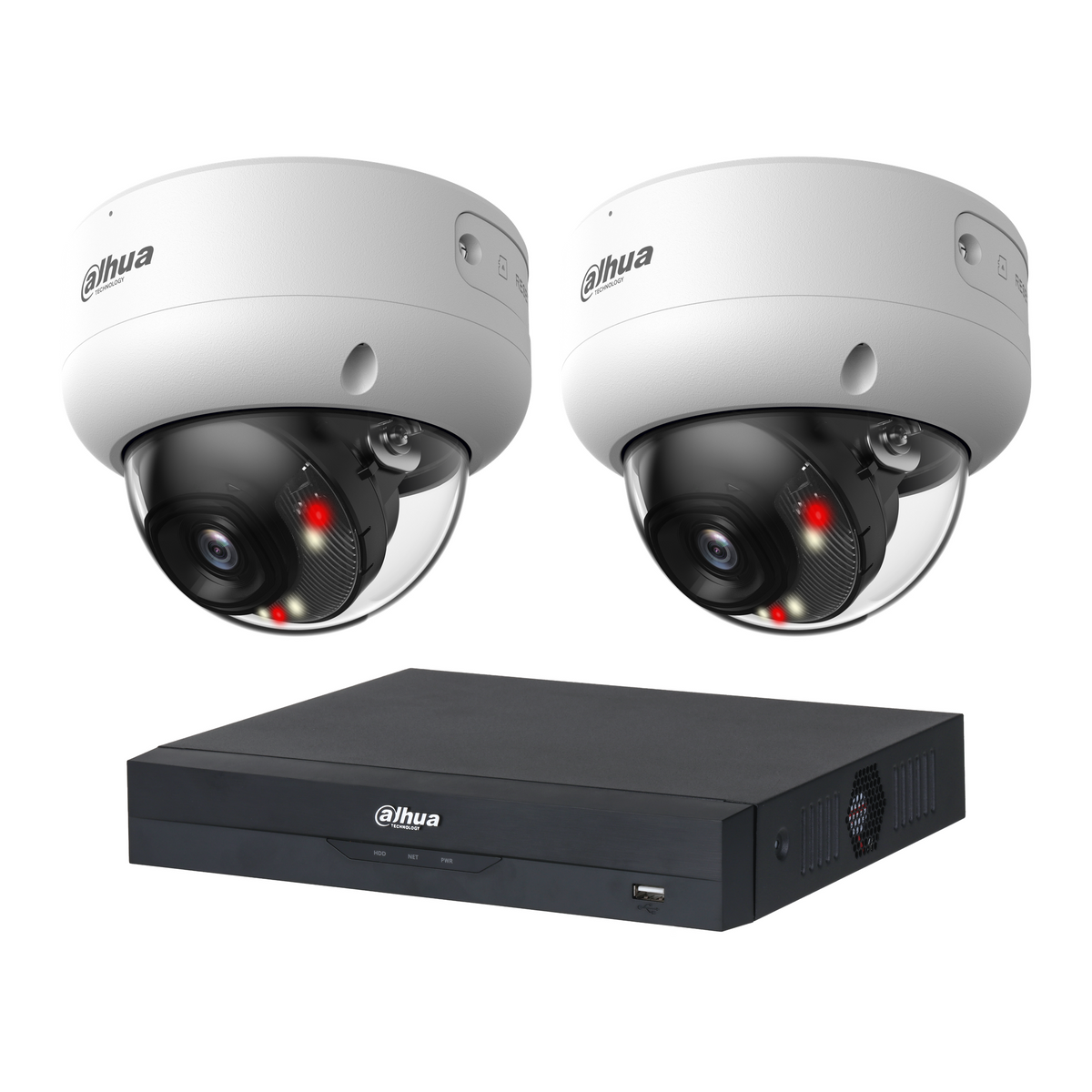 Dahua CCTV kit with two white HDBW3667E-AS-IL-ANZ 6MP dome cameras and one NVR4104HS-P-AI/ANZ 4-channel PoE recorder; no hard drive included