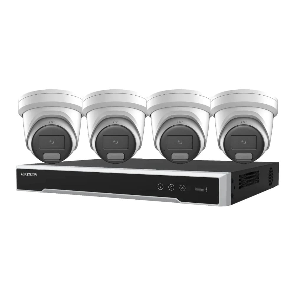 Hikvision 4 x 8MP ColorVu Hybrid 2387G3 Cameras + 8CH 4K NVR (4TB) Bundle: Strobe Light, Two-way Audio, Alarm Cameras & 8 Channel NVR CCTV Kit