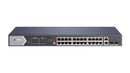 Hikvision DS-3E0528HP-E switch showing 24 PoE ports, two RJ45 uplinks and two fibre slots