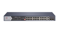Hikvision DS-3E0528HP-E switch showing 24 PoE ports, two RJ45 uplinks and two fibre slots