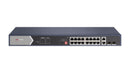 Hikvision DS-3E0520HP-E switch showing the 16 PoE ports, two RJ45 uplinks and two fibre module slots