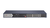 Hikvision DS-3E0520HP-E switch showing the 16 PoE ports, two RJ45 uplinks and two fibre module slots