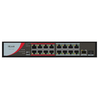 Hikvision HiLook NS-0318P-130(B) front panel with 16 PoE ports, Gigabit RJ45 uplink and SFP slot