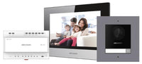 Hikvision DS-KIS702Y-P kit showing door station, indoor monitor and two-wire distributor