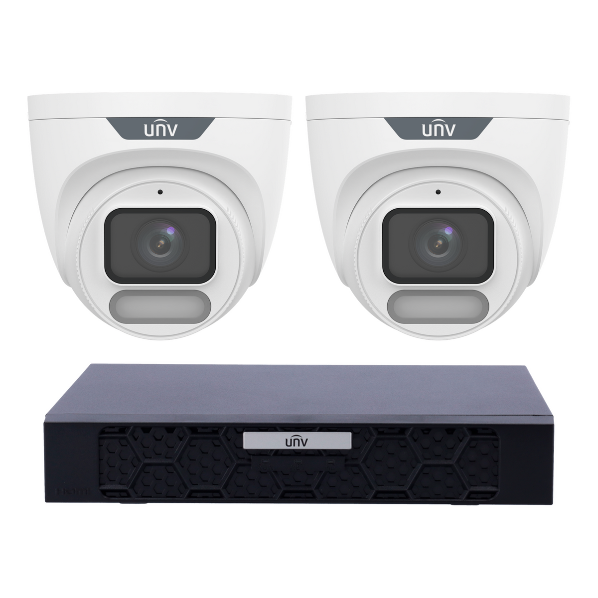 Uniview 2 x 8MP IPC3628LE-ADF28K-WP ColorHunter Turret CCTV Kit + NVR501-04B-P4-IQ 4CH PoE NVR, No HDD