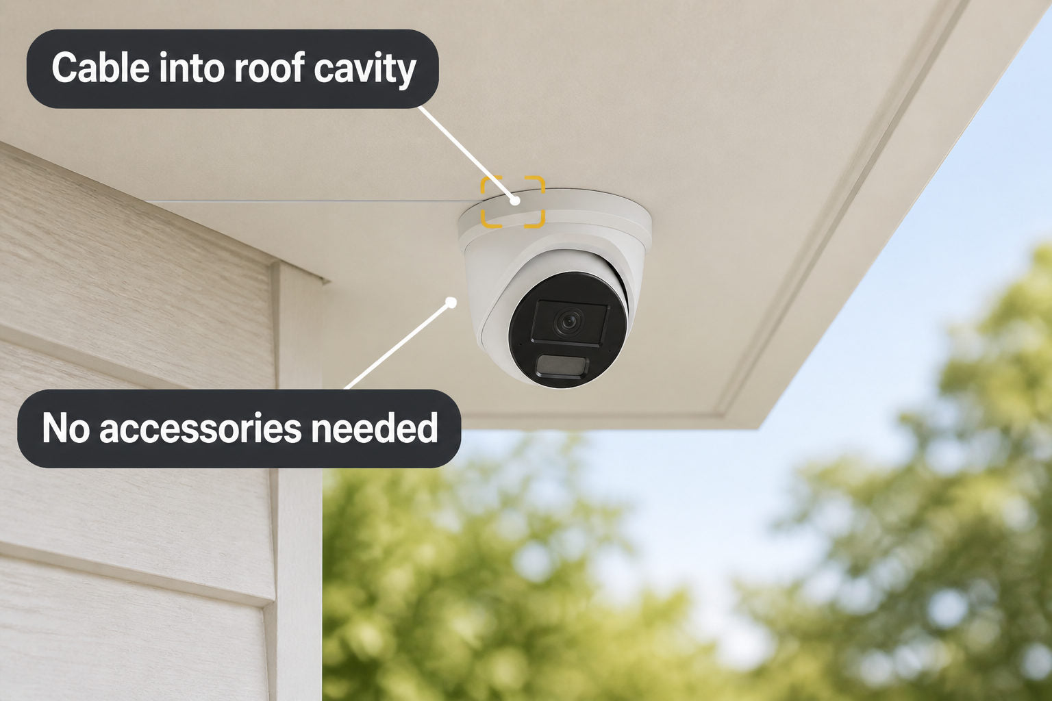 Security camera mounted directly to a soffit with no accessories