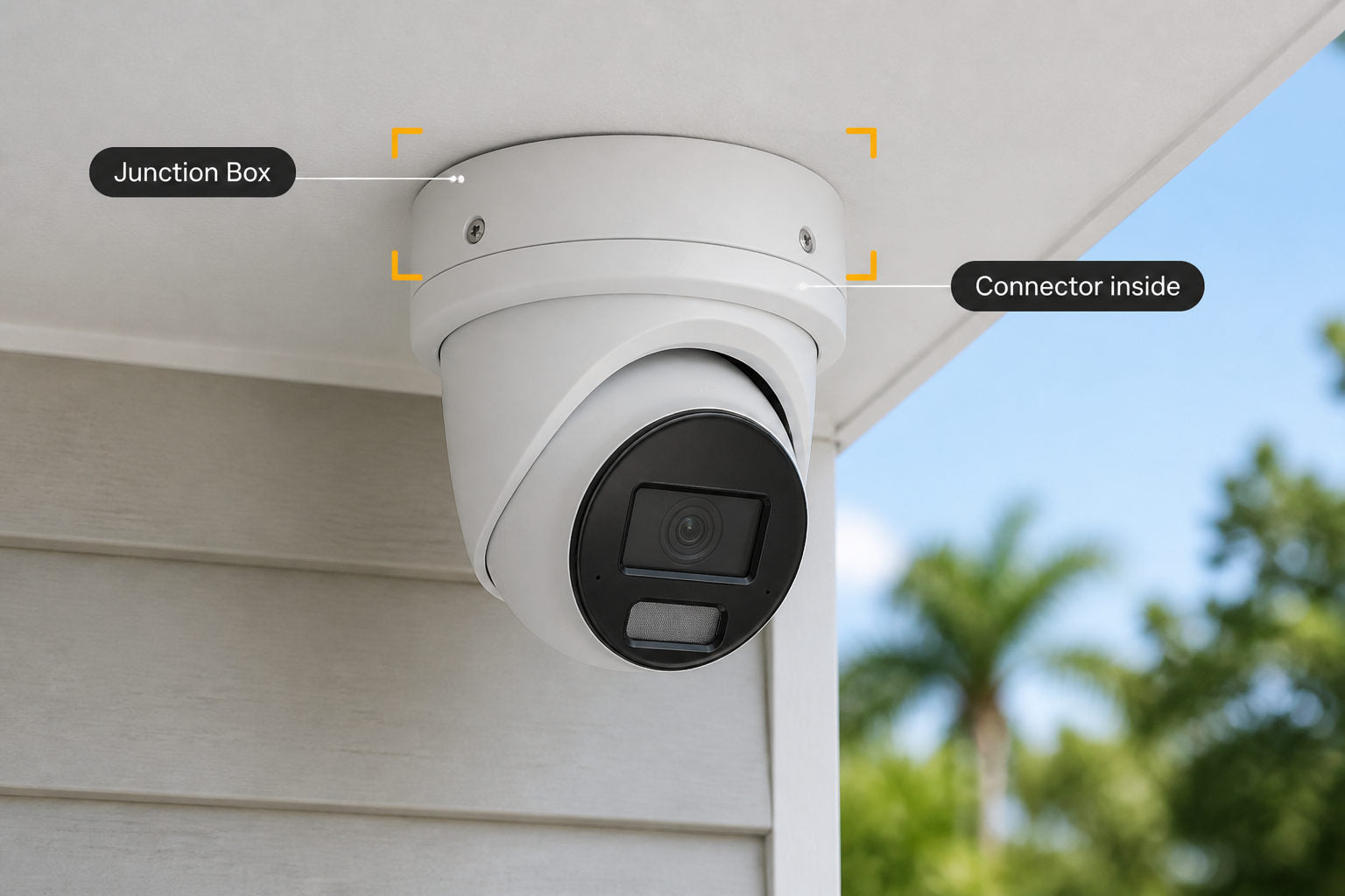 Turret camera nested in a junction box on a brick wall, lens aimed down