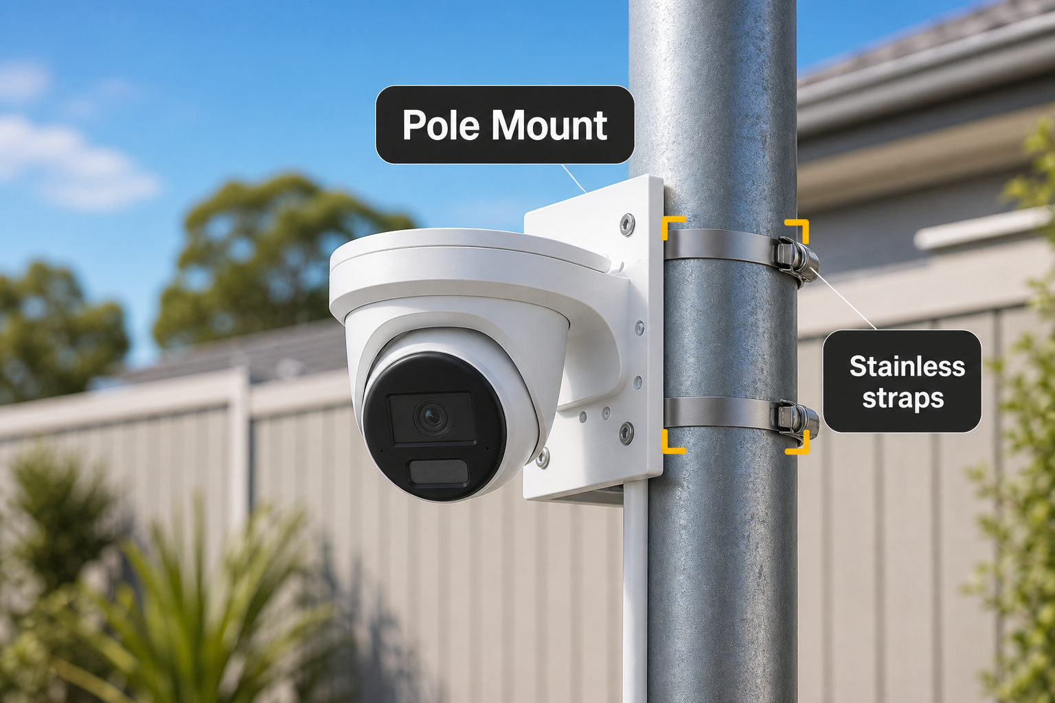 Turret camera strapped to a pole with a pole mount bracket