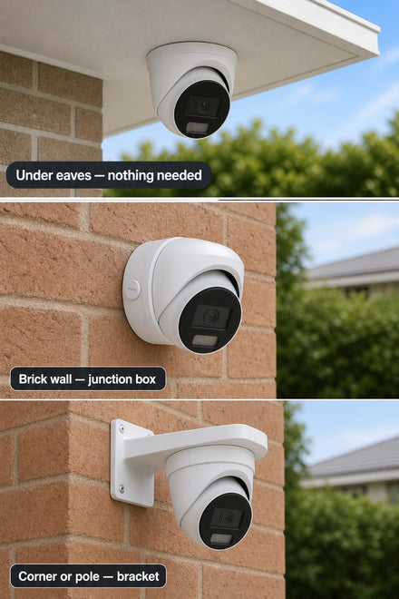 Which mounting accessory you need: under eaves — nothing needed; brick wall — junction box; corner or pole — bracket