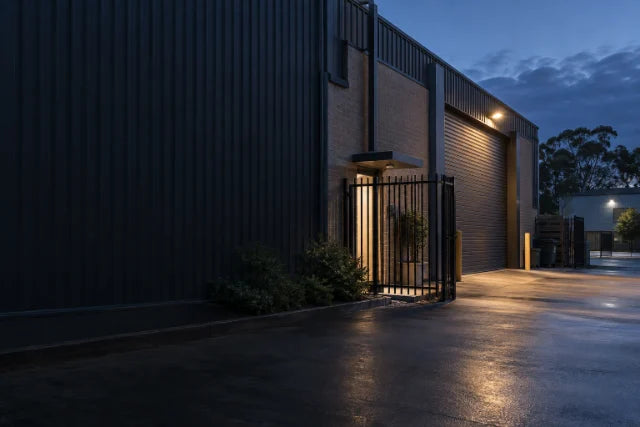 Active deterrence security camera with strobe light scene - illustrative warehouse entrance