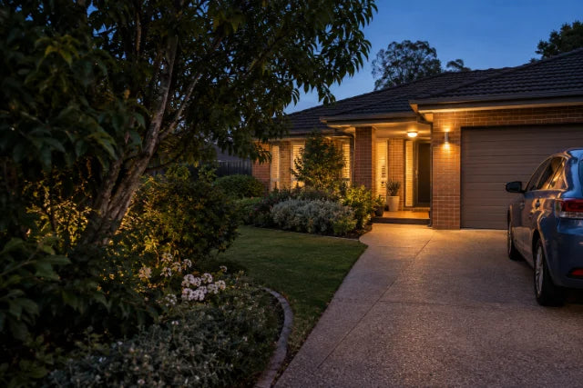 Full-colour night vision security camera scene - illustrative home driveway after dark