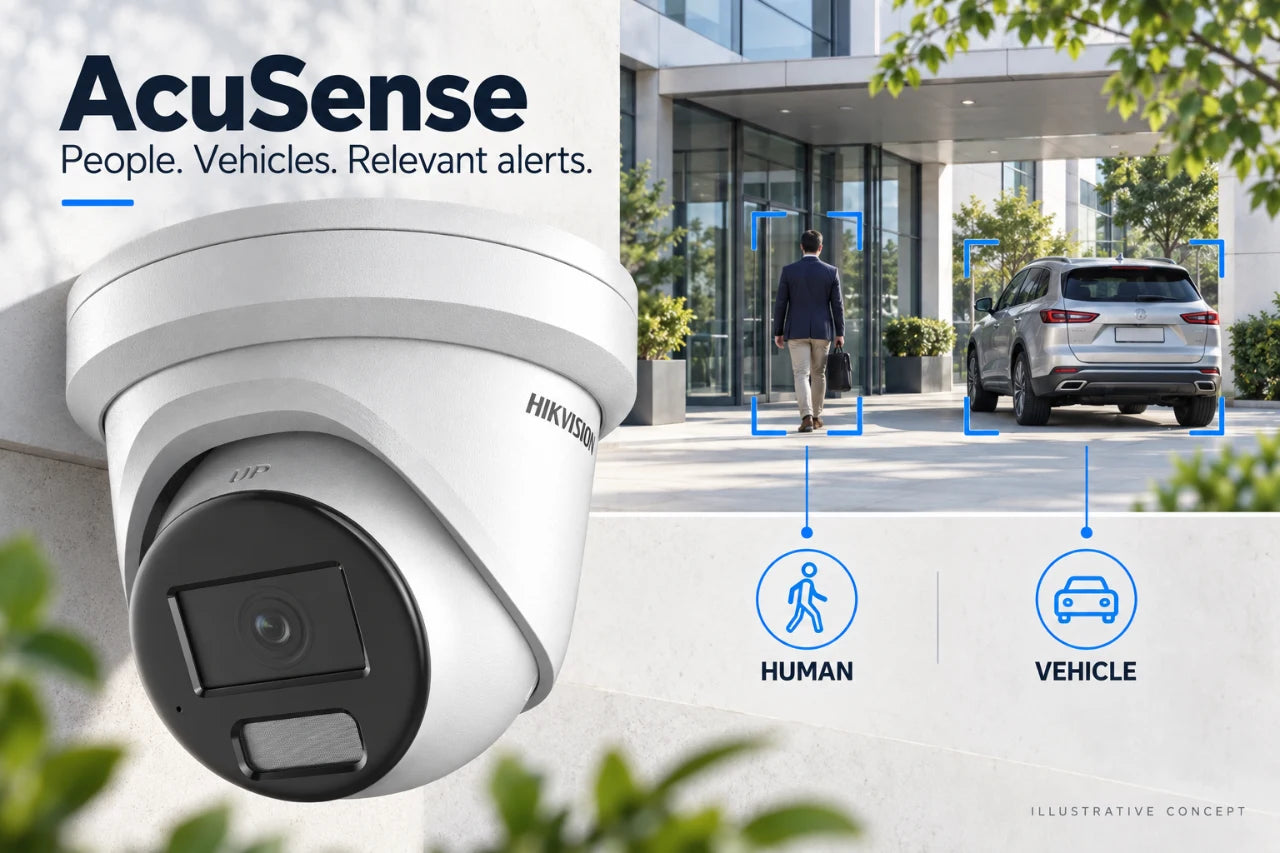 Hikvision AcuSense security camera advertising concept - AI human and vehicle detection