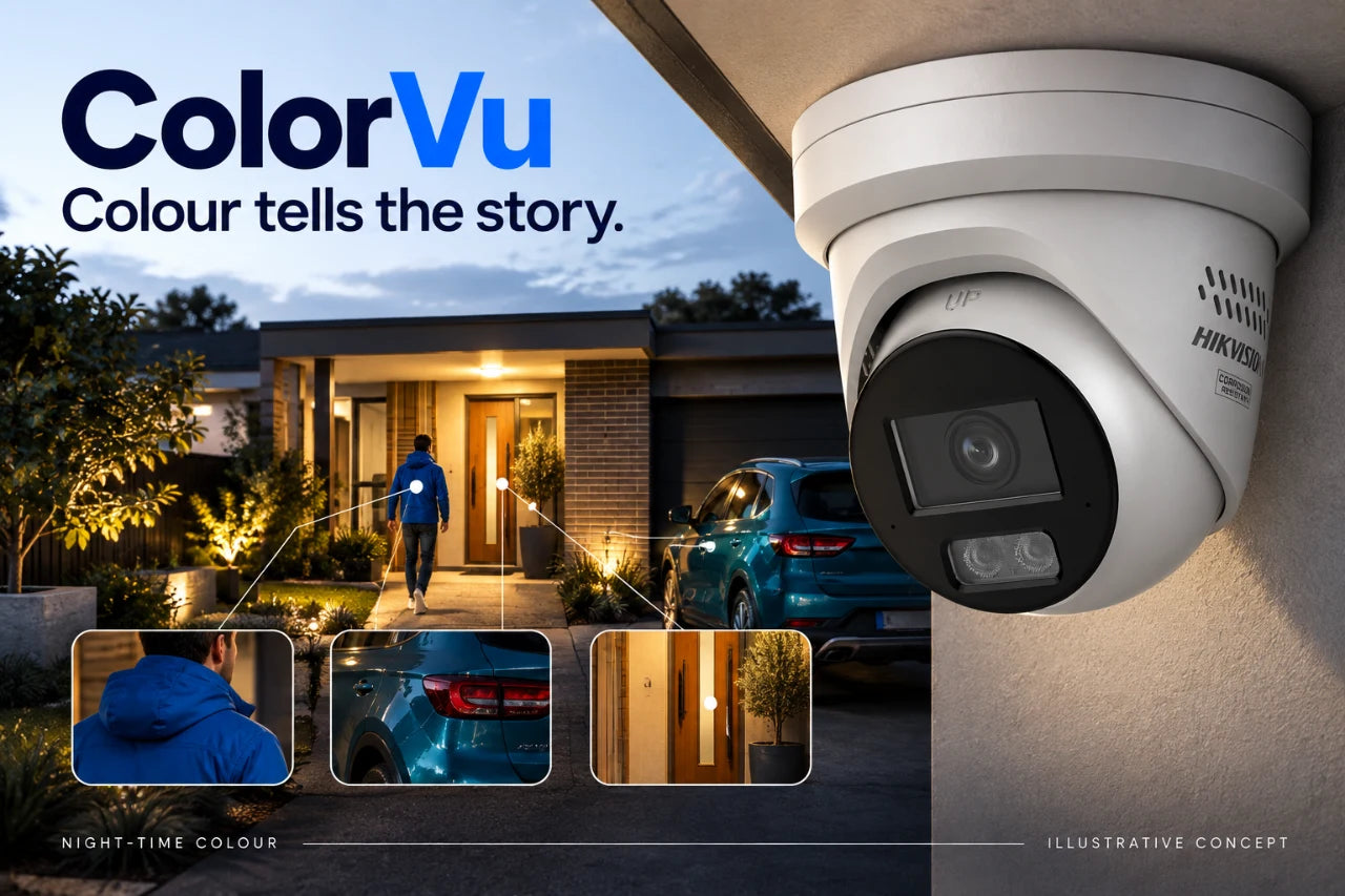 Hikvision ColorVu security camera advertising concept - full-colour night vision at a home entrance