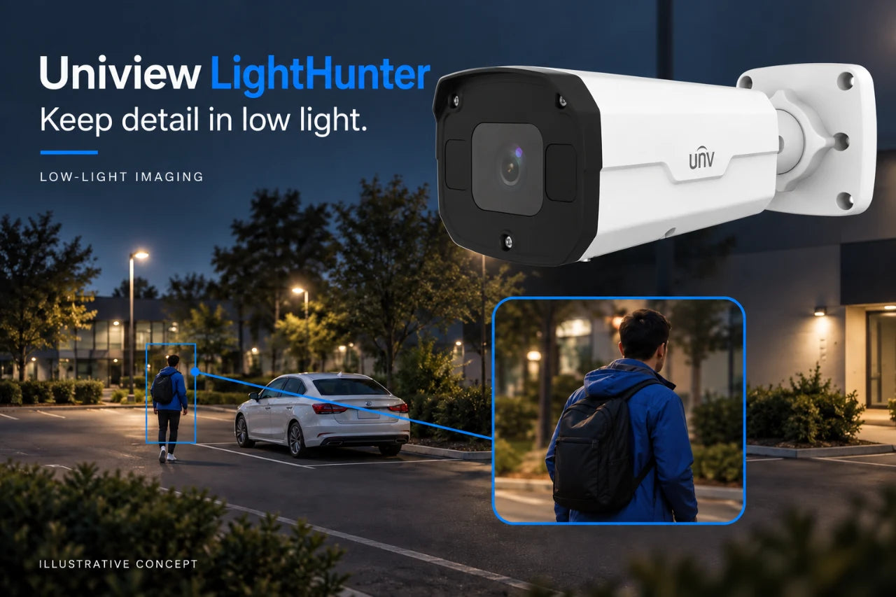 Uniview LightHunter bullet security camera advertising concept - low-light detail in a car park