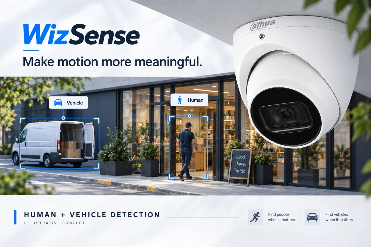 Dahua WizSense security camera advertising concept - AI motion alerts for people and vehicles