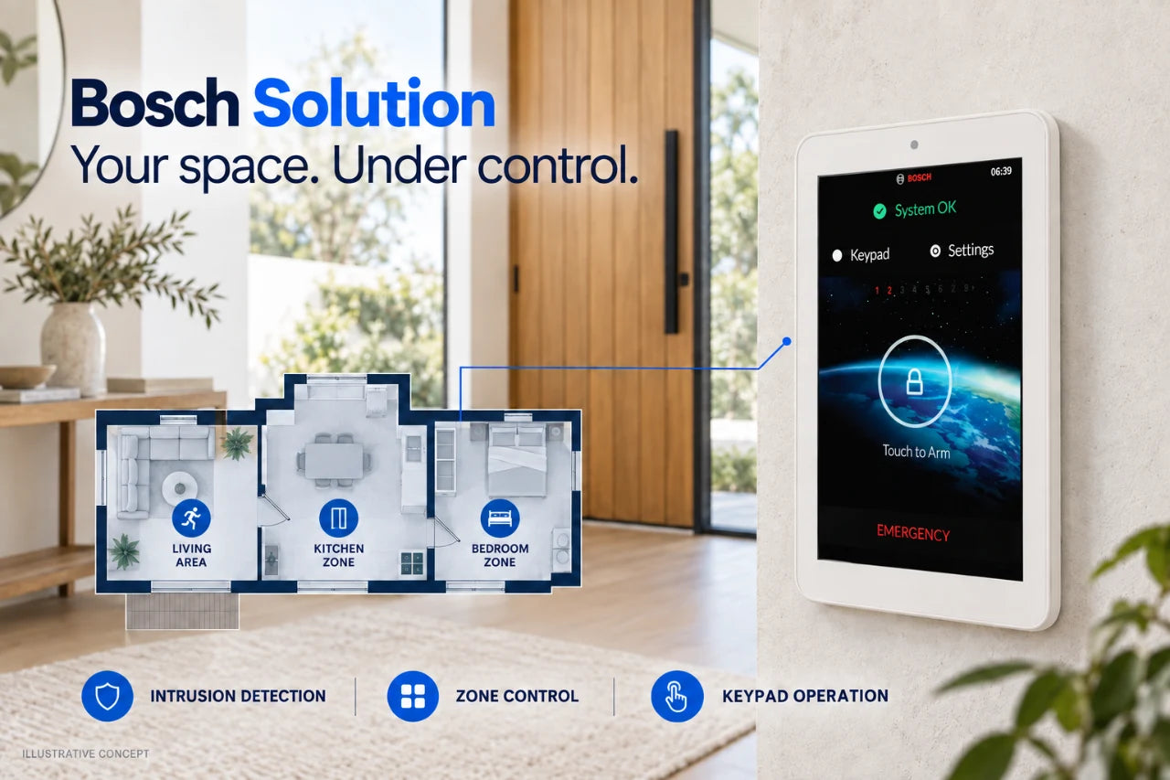 Bosch Solution alarm system advertising concept - TouchOne keypad and home security zones