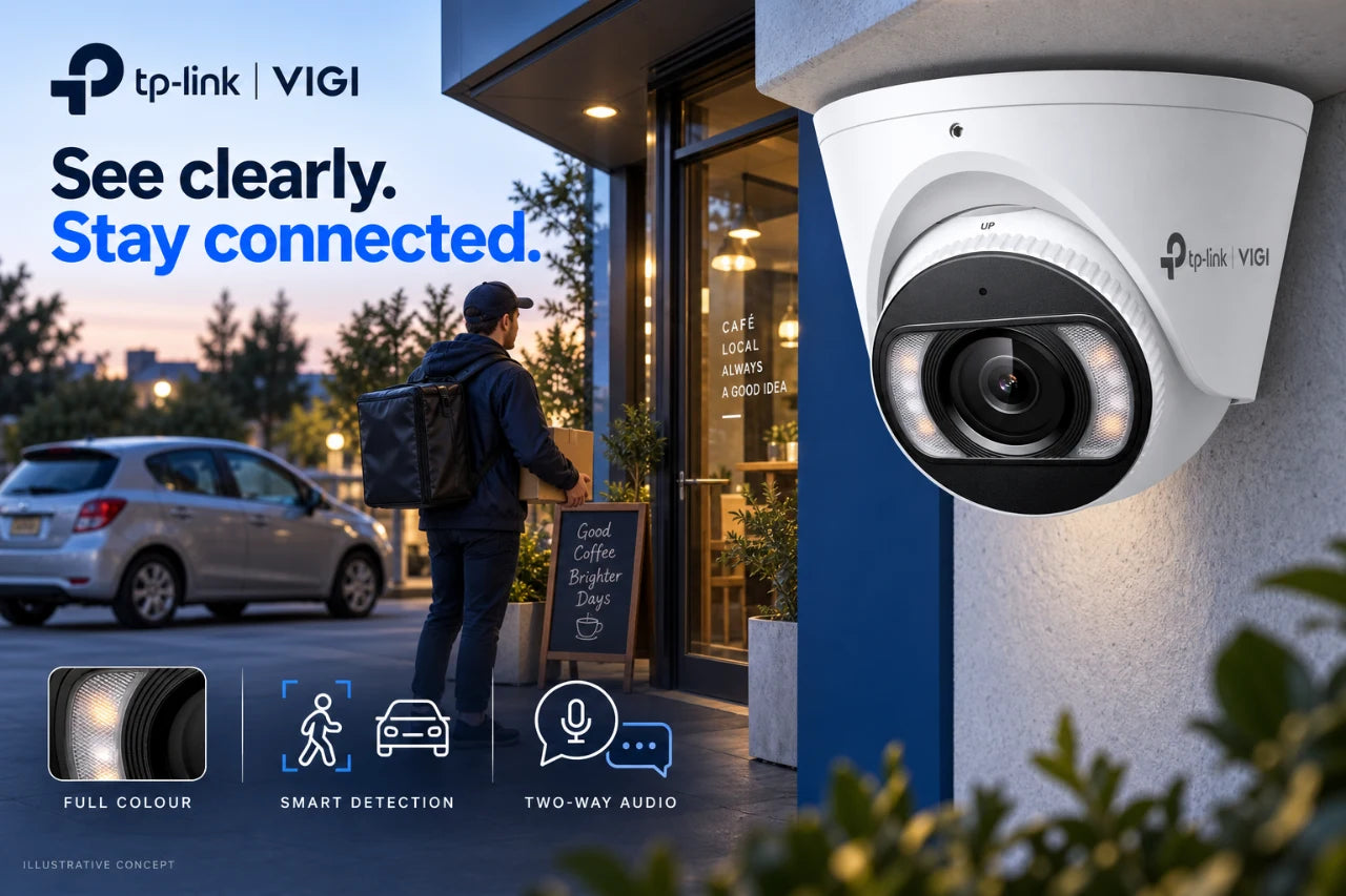 TP-Link VIGI security camera advertising concept - full-colour video, human and vehicle detection, two-way audio