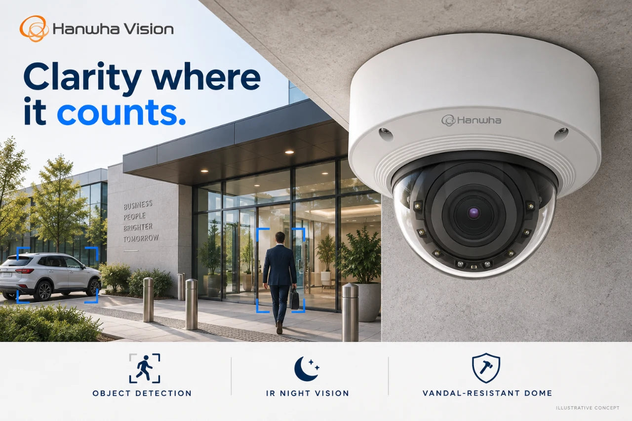 Hanwha Vision X-Core security camera advertising concept - person and vehicle detection at a commercial entrance