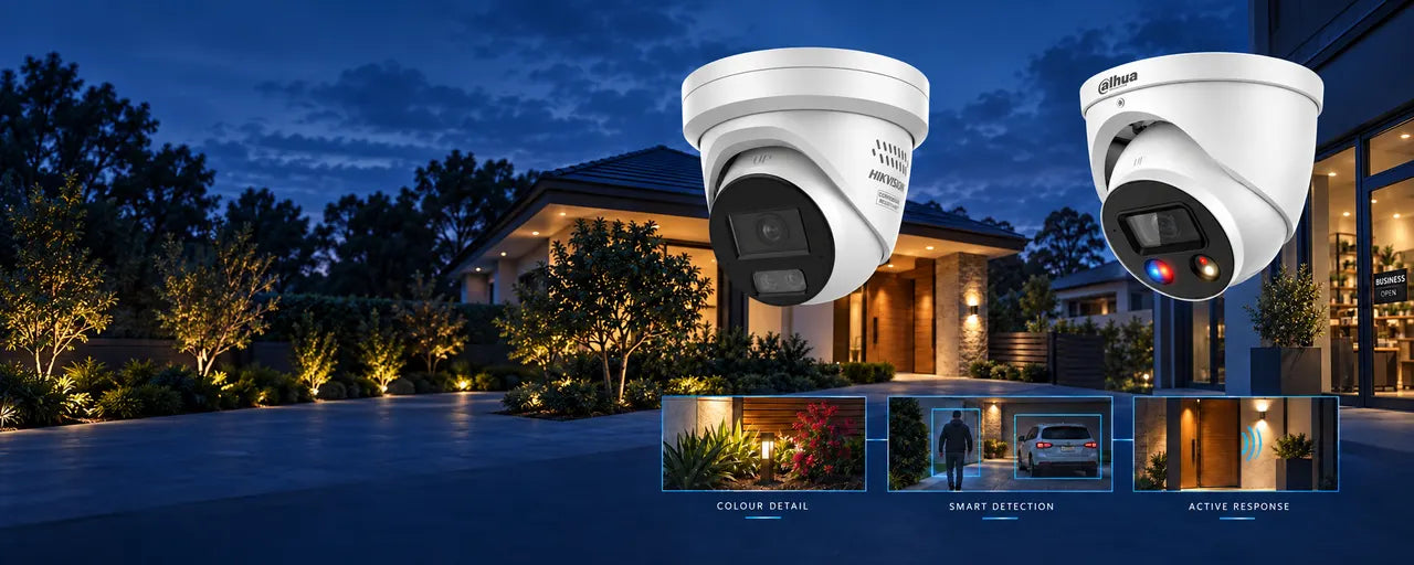 Hikvision ColorVu and Dahua TiOC security cameras watching a home driveway and shopfront at night - colour detail, smart detection and active response