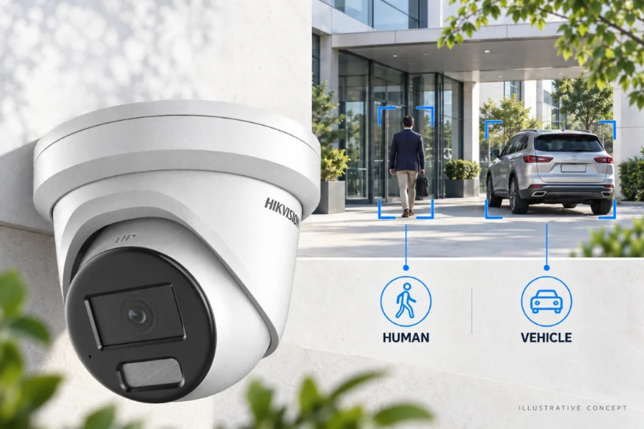 Hikvision AcuSense security camera advertising concept - AI human and vehicle detection