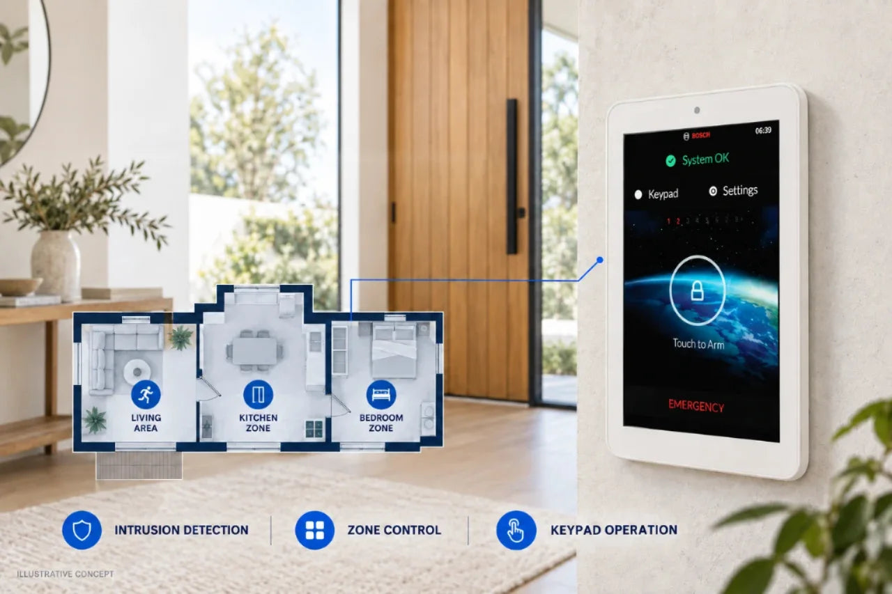 Bosch Solution alarm system advertising concept - TouchOne keypad and home security zones