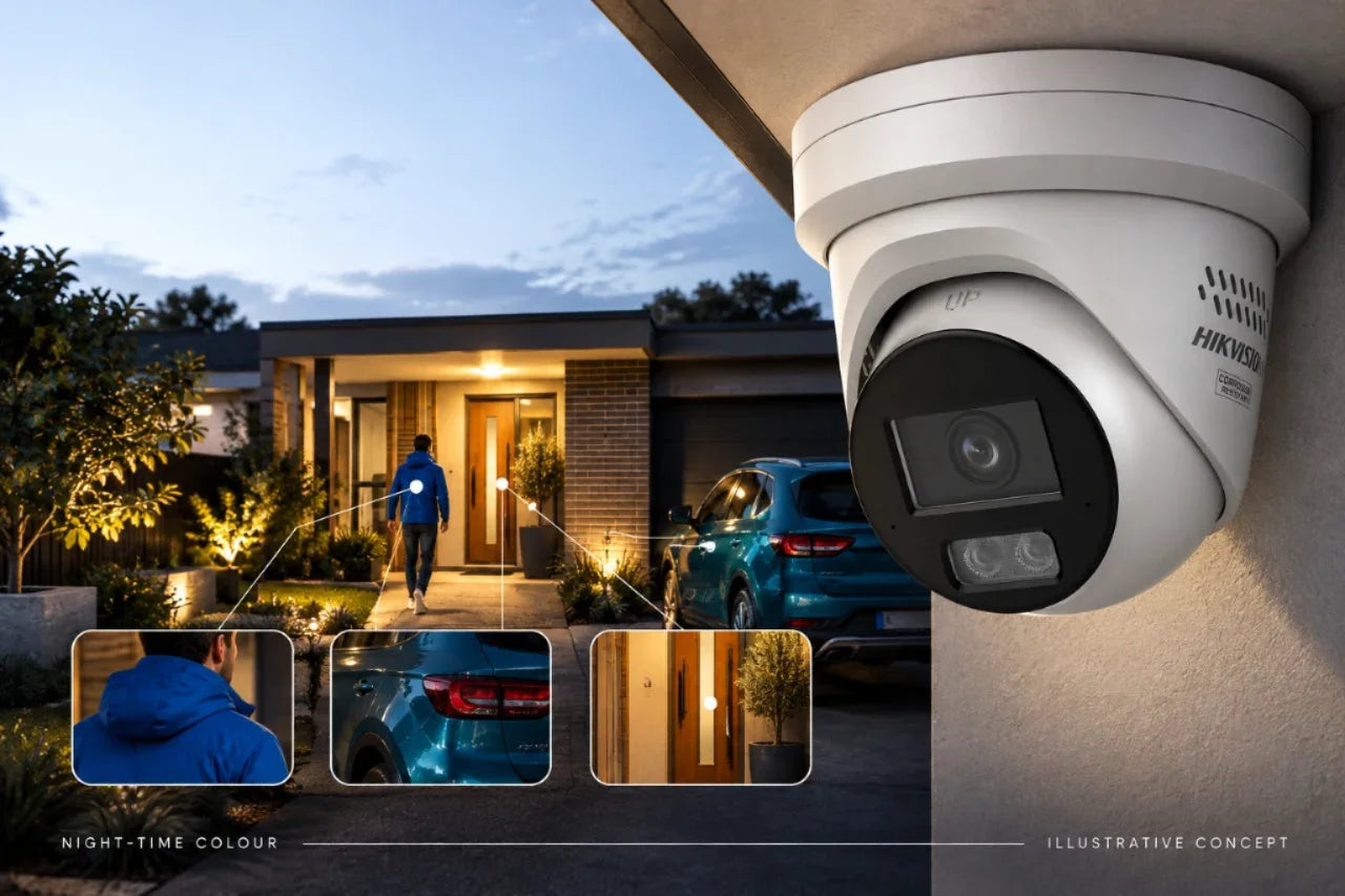 Hikvision ColorVu security camera advertising concept - full-colour night vision at a home entrance