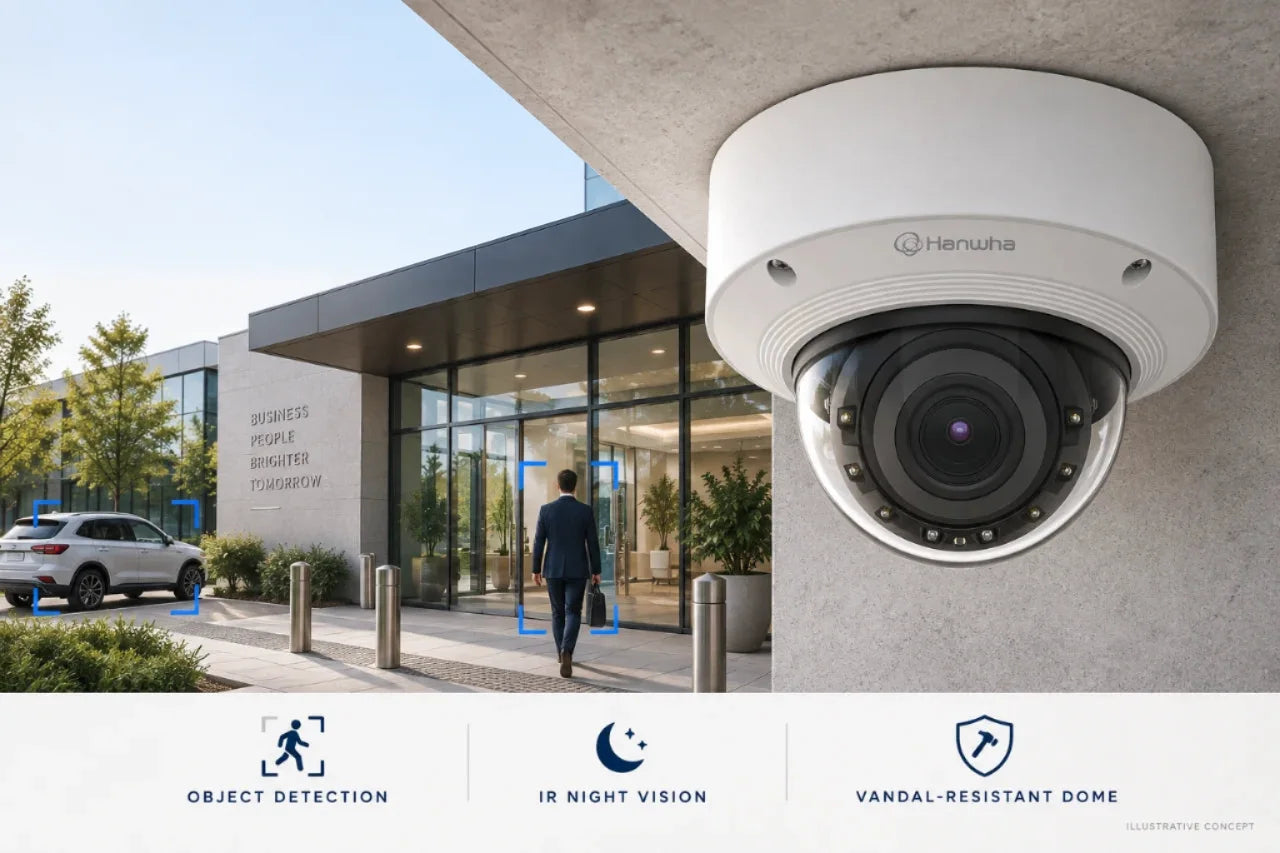 Hanwha Vision X-Core security camera advertising concept - person and vehicle detection at a commercial entrance