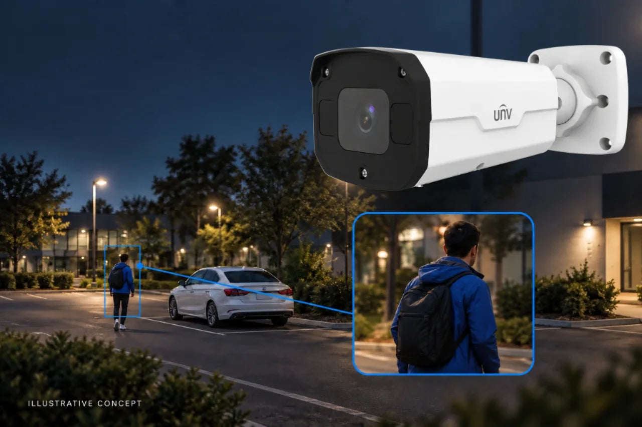 Uniview LightHunter bullet security camera advertising concept - low-light detail in a car park