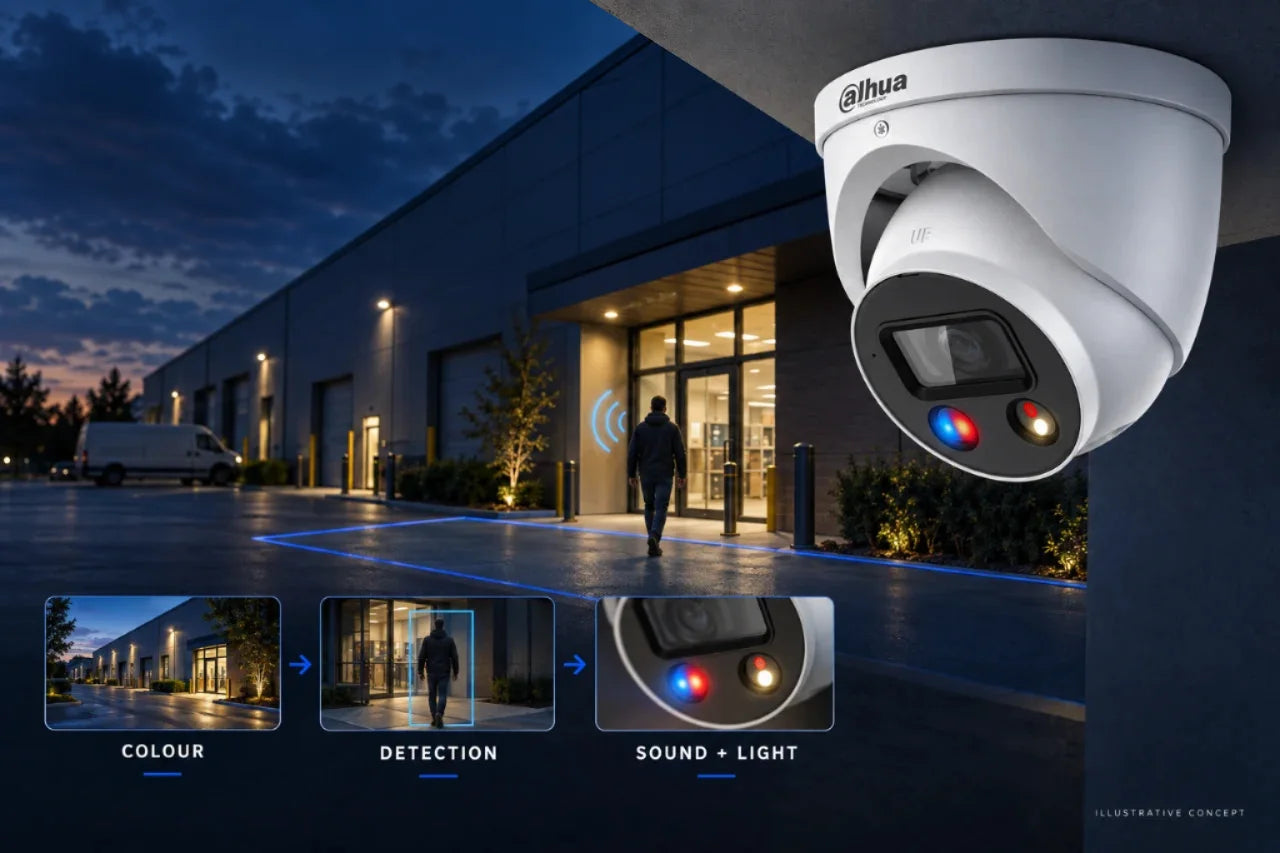 Dahua TiOC security camera advertising concept - full colour, smart detection and sound-and-light active deterrence