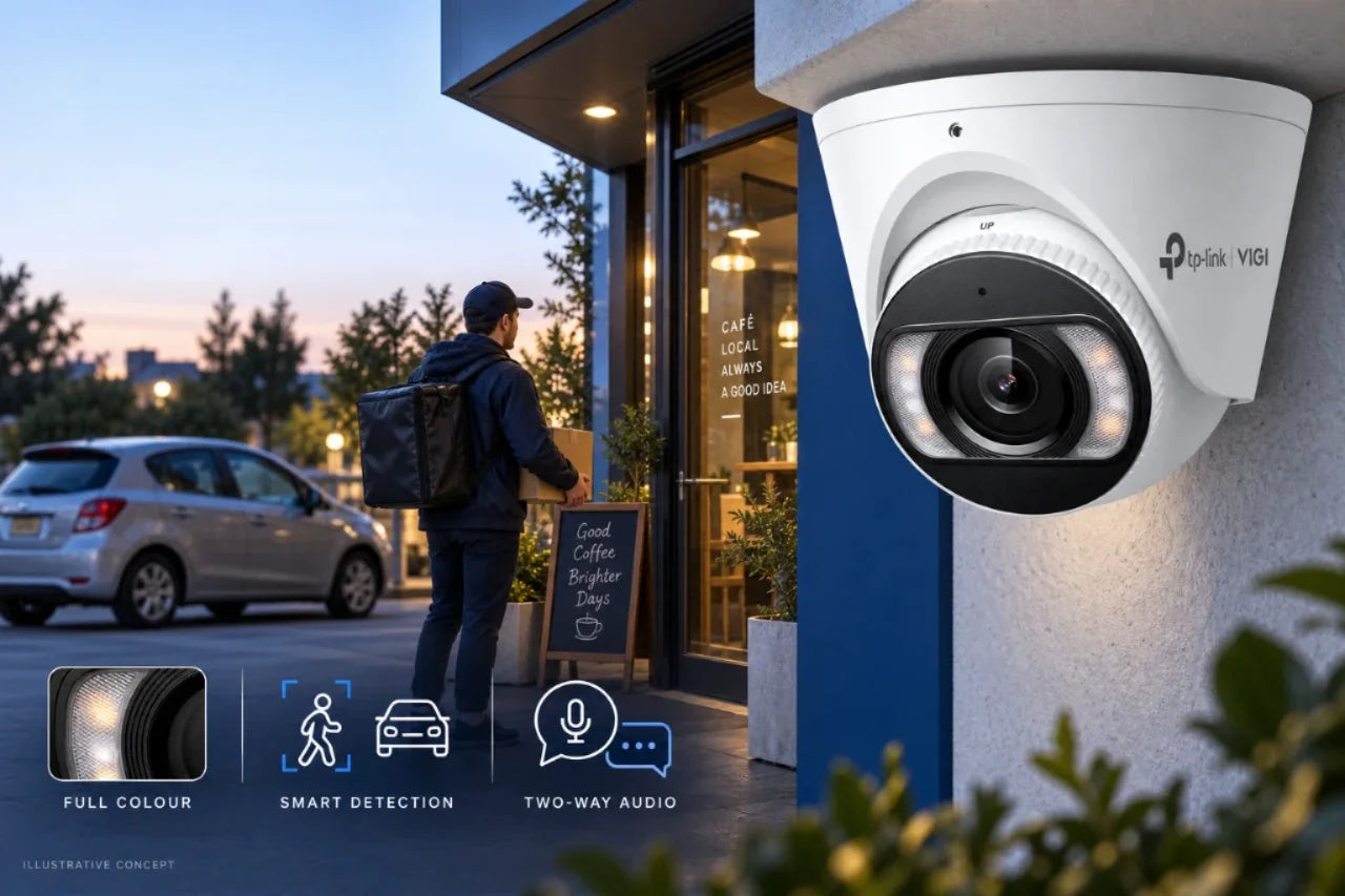 TP-Link VIGI security camera advertising concept - full-colour video, human and vehicle detection, two-way audio