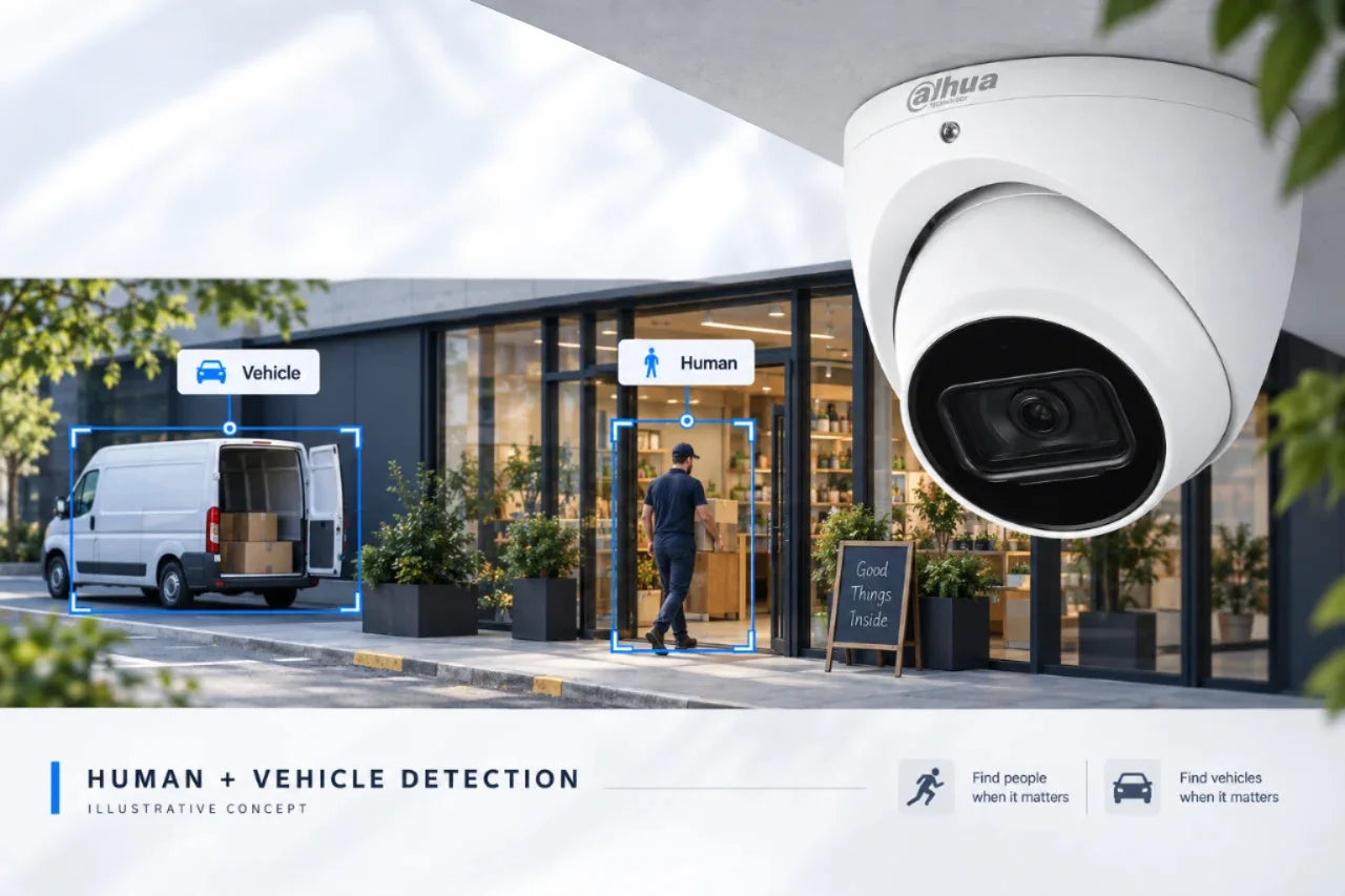 Dahua WizSense security camera advertising concept - AI motion alerts for people and vehicles